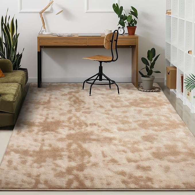 Kimicole 4x6 Washable Area Rugs for Bedroom Living Room, Low Pile Ulta-Thin Solid Color Rug, Non-Slip Soft Fluffy Carpet for Nursery Kids Room Dorm Room Home Decor (Light Tan)