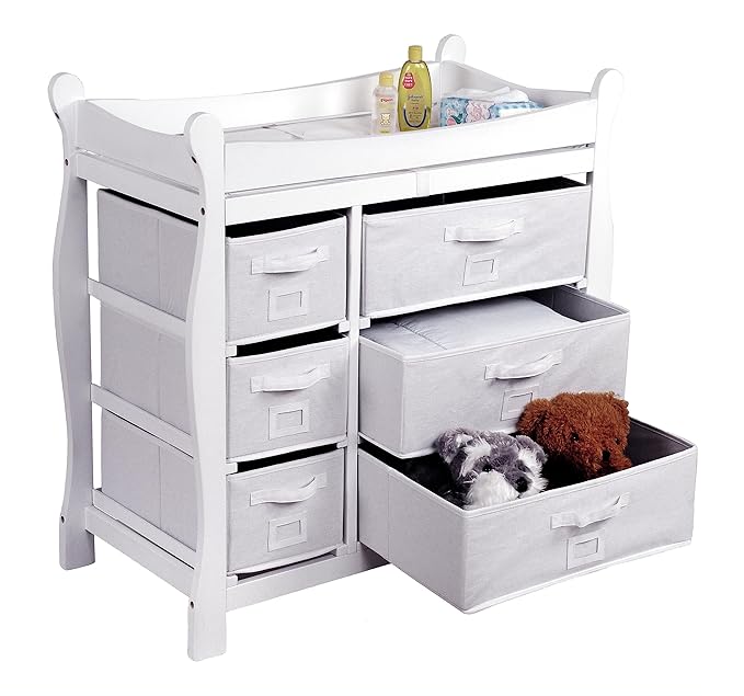 Badger Basket Sleigh Baby Changing Table with 6 Storage Drawers, Cushioned Changing Pad, Nursery Organizer, Sturdy White Wood Furniture for Infant Care