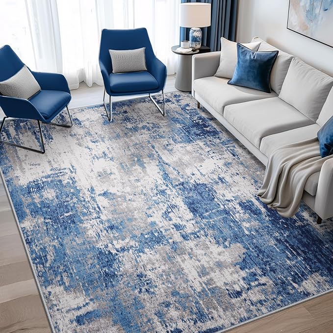 Washable Area Rugs 5'x8' Non-Slip Modern Abstract Soft for Living Room Entryway Bedroom Nursery, Print Pattern, Blue Grey Navy Gray