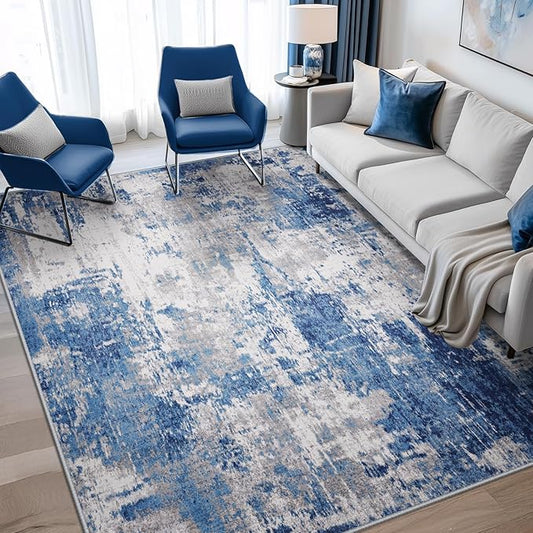 Washable Area Rugs 5'x8' Non-Slip Modern Abstract Soft for Living Room Entryway Bedroom Nursery, Print Pattern, Blue Grey Navy Gray
