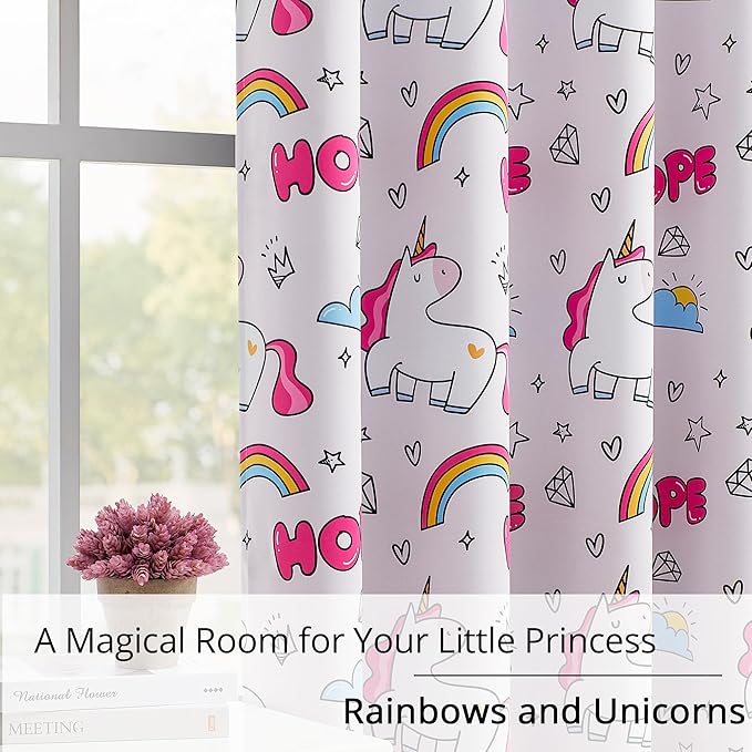 Unicorn Blackout Curtains for Girls' Bedroom - 2 Panels, Each W52×L84, 100% Blackout, Energy Efficient, Thermal Insulated, Noise Reducing, Pink Girls Curtains