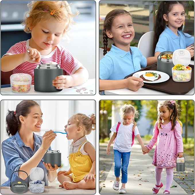 2-in-1 Insulated Food Jar & Snack Container - 15oz Kids Soup Thermos for Hot Food with Handle and Spoon, Leak Proof Reusable Toddler Snack Box, Perfect for School & Travel, Grey