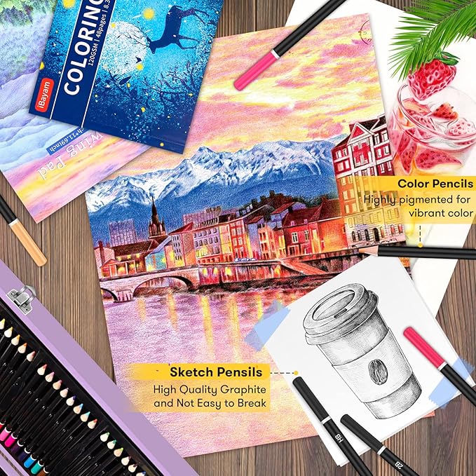 iBayam Stocking Stuffers for Kids Teens Adults, Birthday Party Art Supplies, Christmas Gifts for Teenagers, 150-Pack Wooden Art Set Crafts Drawing Painting Kit with 1 Coloring Book, 2 Sketch Pads