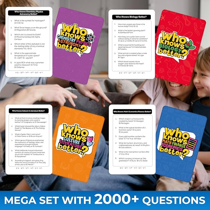 Board Games for Kids 8-12 and Family - Set of 4 Who Knows It Better? - 2000+ Questions Across Biology, Culture, STEM and Math - Educational Trivia Cards for Learning and Game Night