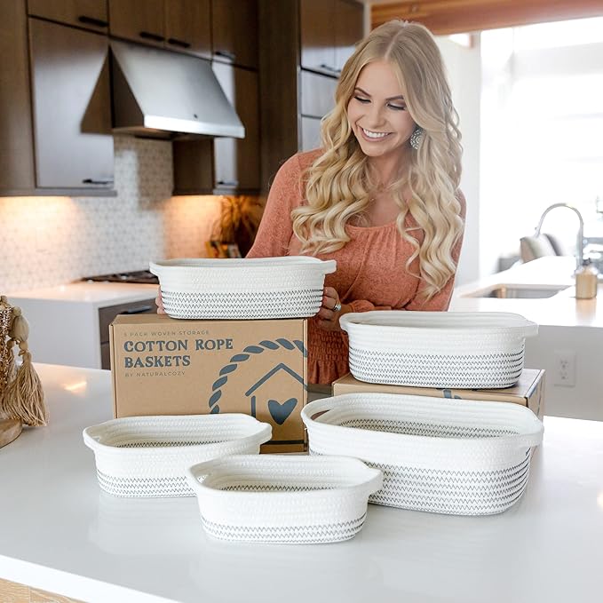 NaturalCozy 5-Piece Rectangle Storage Basket Set- Natural Cotton Rope Woven Baskets for Organizing! Small Basket for Montessori, Baby Nursery, Dog Toy Baskets, Cat Toy Box, Bathroom Organization Bin