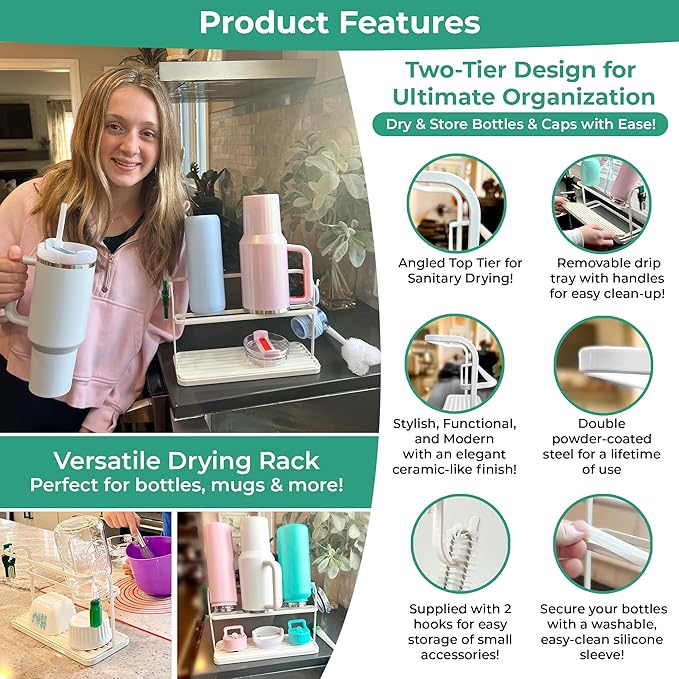 Bottle Drying Rack for Kitchen Countertop, Space Saving Storage Stand with Drainage Tray, Two-Tier Design for Tumblers, Baby Bottles, Water Bottle Drying Rack with 5-in-1 Bottle Cleaning Brush