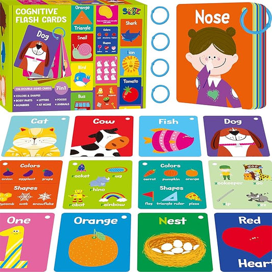 110 PCS Sight Word Flashcards, Double Sided Cards- Alphabet, Foods, Animals, Home Object with 4 Reclosable Rings, Early Learning Tool for Pre-K Kindergarten Toddlers