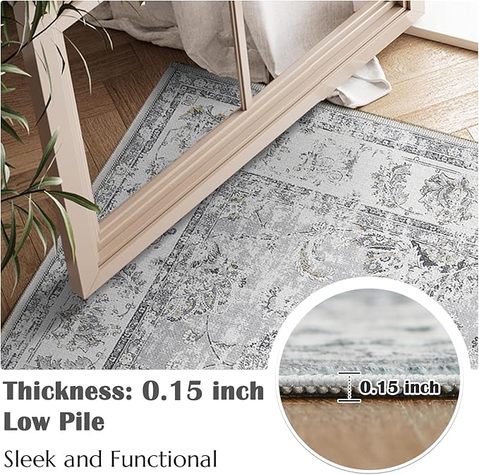jinchan Runner Rug 3x8-2pcs Kitchen Washable Vintage Rug Hallway RugFloral Print Floor Cover Indoor Thin Retro Mat Accent for Bathroom Laundry Room Bedroom Office Farmhouse (Double,Grey)