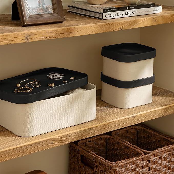 LA JOLIE MUSE Fluted Cardboard Storage Baskets with Leather-Like Lids, Sturdy Stackable Paper Boxes Decorative Tray, Black & Beige, Set of 3