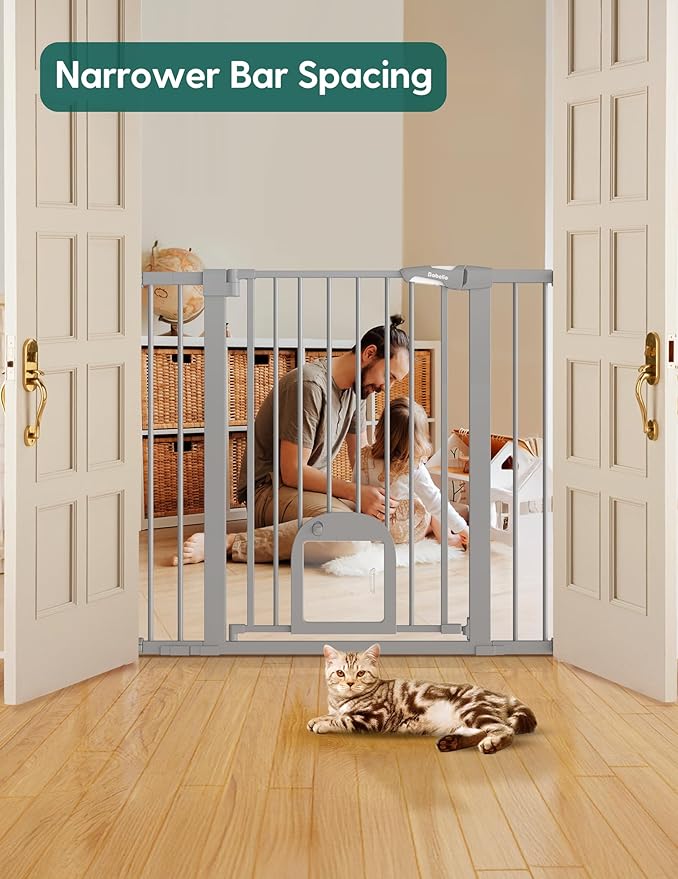 Babelio 36" Tall Upgraded Baby Gate with Cat Door,29-43" Auto Close Durable Dog Gate for Stairs,Doorways and House,Easy Walk Thru,Includes 4 Wall Cups,Gray