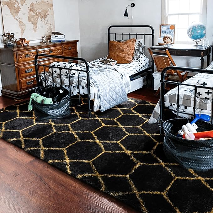 ONASAR 8x10 Area Rugs for Living Room, Fluffy Black and Gold Bedroom Rug, Washable Geometric Boho Large Soft Plush Shaggy Fuzzy Floor Carpet for Nursery Kids Classroom Playroom Dorm Home Decor