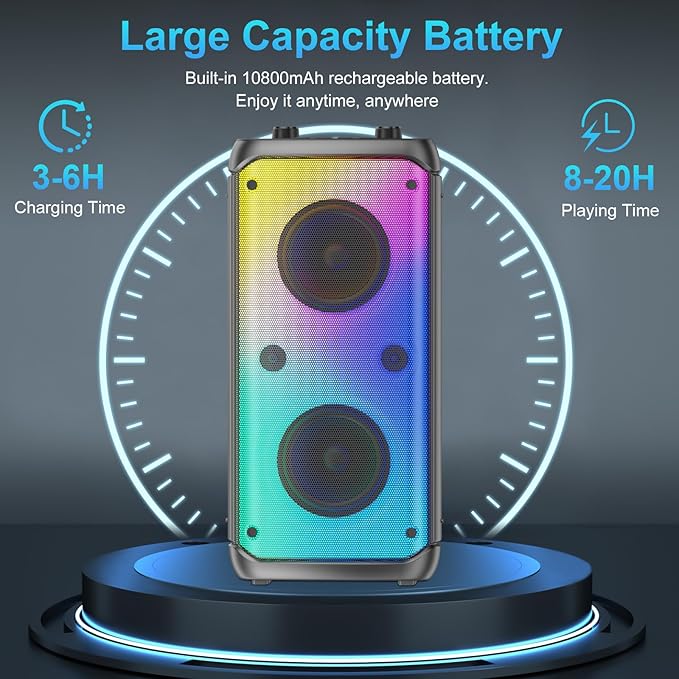 Portable Party Speaker, 80W Peak Wireless Bluetooth Speaker, PA System with LED Lights, Outdoor Bluetooth Speakers Supports for TF Card/USB, AUX in, FM, REC,TWS