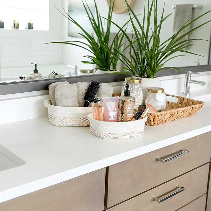 NaturalCozy 5-Piece Rectangle Storage Basket Set- Natural Cotton Rope Woven Baskets for Organizing! Small Basket for Montessori, Baby Nursery, Dog Toy Baskets, Cat Toy Box, Bathroom Organization Bin