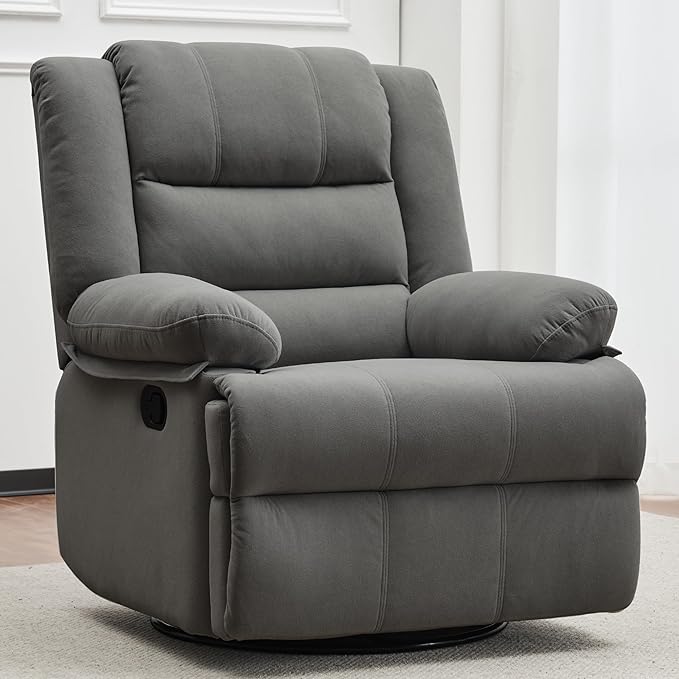 Swivel Rocking Recliner Chair for Adults, Overstuffed Manual Glider Rocker Recliner Chairs, Upholstered Reclining Single Sofa for Living Room Nursery (Grey)