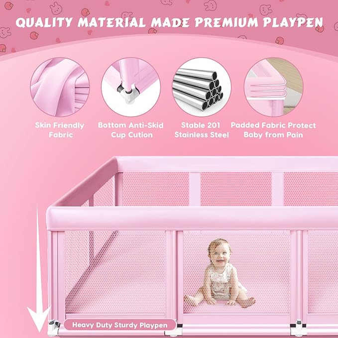 74" ×50" Large Baby Playpen, Baby Playard for Babies and Toddlers, Play Pens for Indoor & Outdoor, Sturdy Safety Play Yard with Soft Breathable Mesh, Anti-Fall, Pink