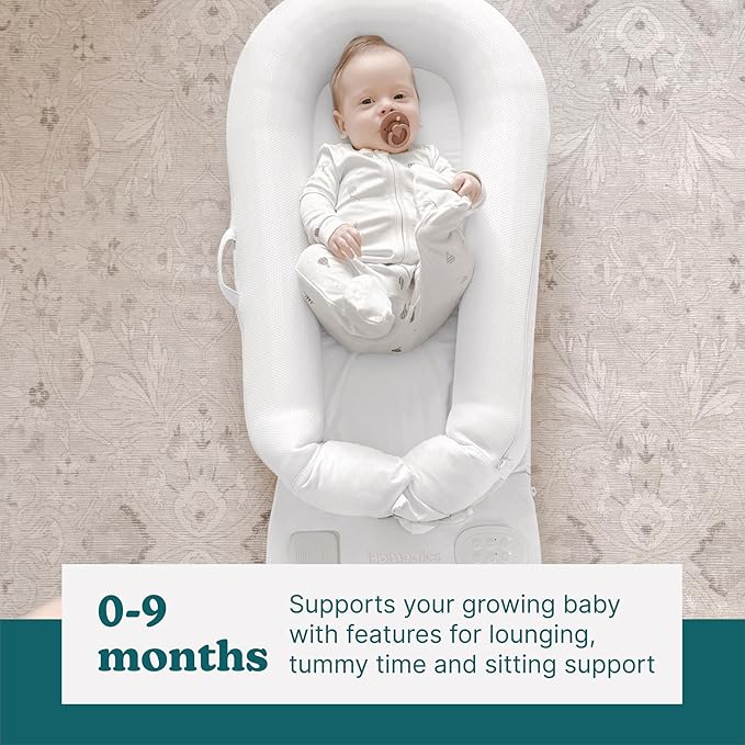 MyBaby 3-in-1 Calming Baby Cushion, Soothing Comfort for Newborns & Infants, Snuggling Sensation, Sound and Vibration, Designed for Safety, Rechargeable & Machine-Washable, by Homedics, White