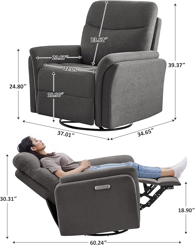 Power Recliner Chair Swivel Glider, Electric Rocking Recliner Chairs with USB and Type-C Ports, Nursery Chair Recliner for Office, Living Room, Bedroom（Dark Gray）