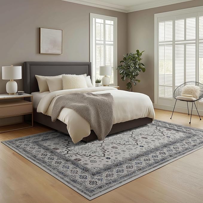 Washable Area Rugs 8x10, Large Rugs for Living Room, Carpet for Bedroom, Soft Faux Wool Retro Dining Room Rug, Non-Slip Backing Resistant Low Pile Vintage Print Rug for Home Office (White Cream/Gray)