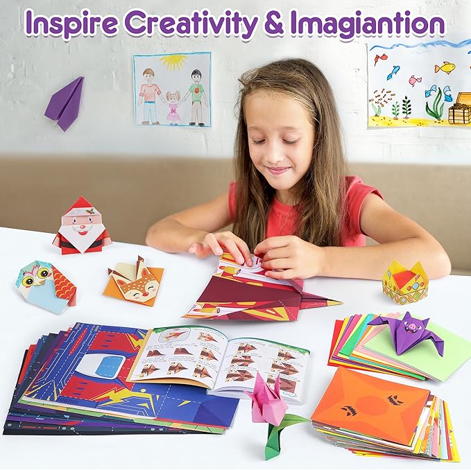 Mocoosy 320 Sheets Origami Kit for Kids Ages 5-8 9-12, Paper Airplane Kit, Color Folding Paper Set with Origami Book, Art & Craft for Boys Girls, Travel Game Airplane Car Road Trip Activity Toy Gifts