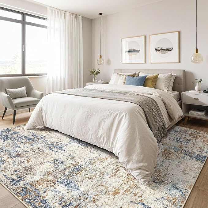 7x9 Area Rug Washable Rugs: Living Room Large Abstract Modern Soft Stain Resistant Indoor Floor Non Slip Accent Carpet for Bedroom Nursery Playroom Office Dining Room Dorm Home House- Tan