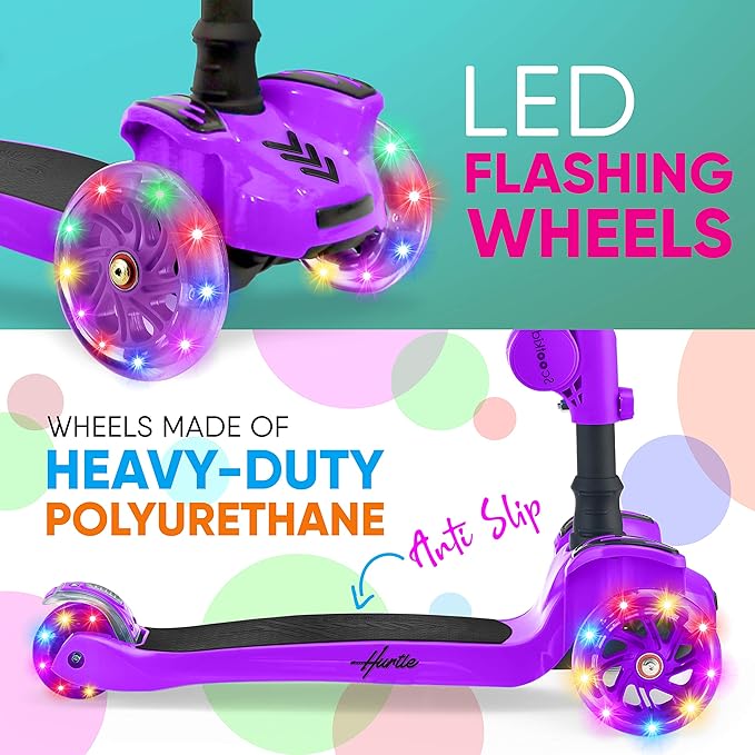 Hurtle 3-Wheeled Scooter for Kids - Wheel LED Lights, Adjustable Lean-to-Steer Handlebar, and Foldable Seat - Sit or Stand Ride with Brake for Boys and Girls Ages 1-14 Years Old