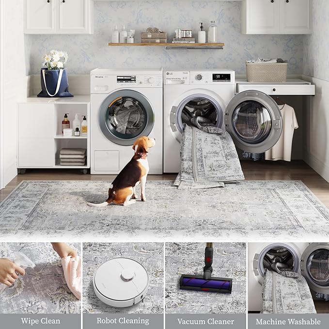 jinchan Hallway Runner Rug 3x7 Machine Washable Runner Rug Grey Vintage Floral Design Non-Slip Low Pile Ultra-Thin for Kitchen Laundry Room Bedroom Farmhouse (3‘x7',Grey)