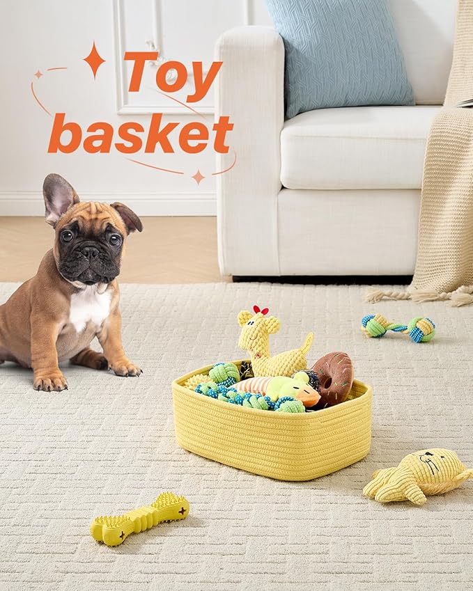 KALLAX Small Woven Basket, 12 x 8 x 4.5 Inches, Storage Basket for Organizing, Cute Small Rope Shelf Closet Cube Storage Bins Baskets for Shelves, Dog Toy Gift Baskets Empty, 3 Pack Yellow