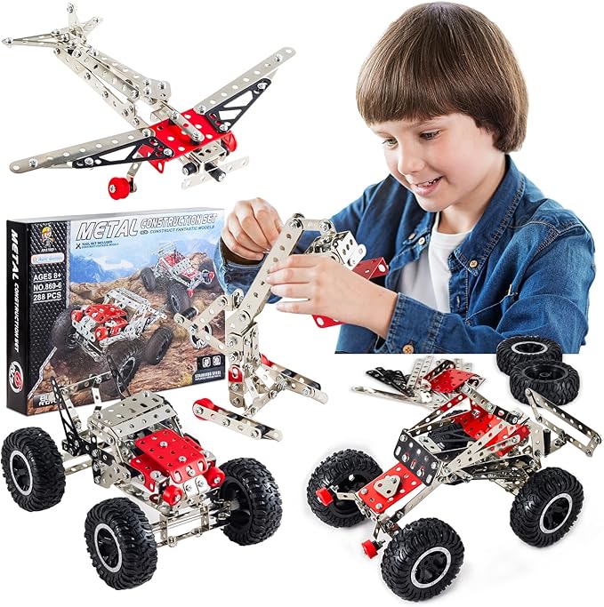6-in-1 STEM Kit - Engineering Metal Truck, Airplane and Sports Car Excavator Toy for Boys 8-12 - STEM Building Toys for Kids 5-7, 6-8, 8-10 Educational Toys for Kids Boys Model Kit