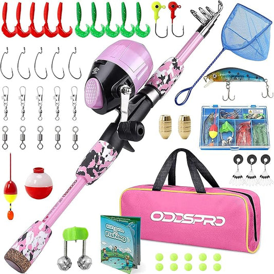 ODDSPRO Kids Fishing Pole Pink, Portable Telescopic Fishing Rod and Reel Combo Kit - with Spincast Fishing Reel Tackle Box for Girls, Youth