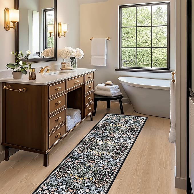 Runner Rug for Entryway: 2x10 Kitchen Rugs Non Slip Washable Ultra Soft Floral Carpet Indoor Stain Resistant Carpets for Hallway Bedroom Kitchen Laundry Bathroom Dorm Dark Black