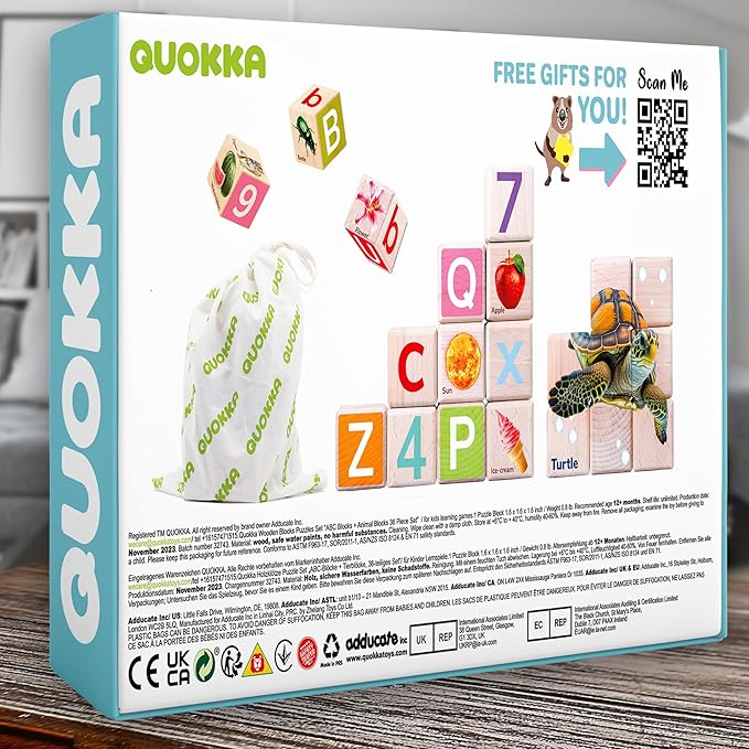 QUOKKA Montessori Wooden Blocks for Toddlers 1-3 - 35 Realistic ABC Learning Baby Blocks for Kids 3-5 Year Olds - Stacking Alphabet Wood Toys for 2-4 yo - Learn Letters Numbers
