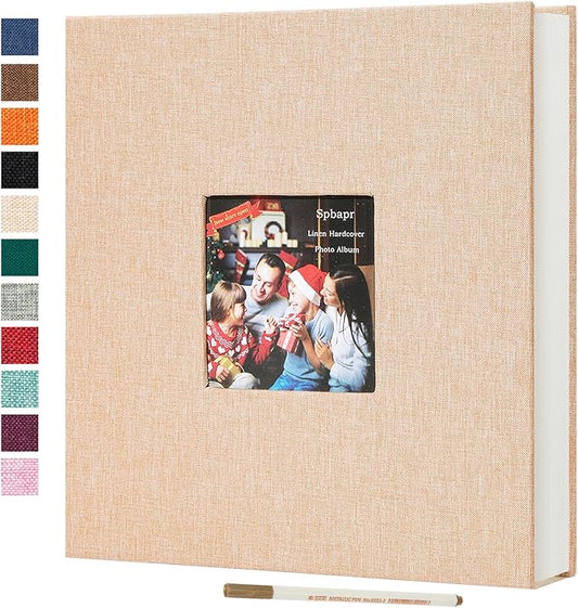 Spbapr Large Photo Album Self Adhesive 4x6 5x7 8x10 10x12 Pictures Magnetic Scrapbook 40 Blank Pages Linen Cover DIY Album with A Metal Pen Khaki