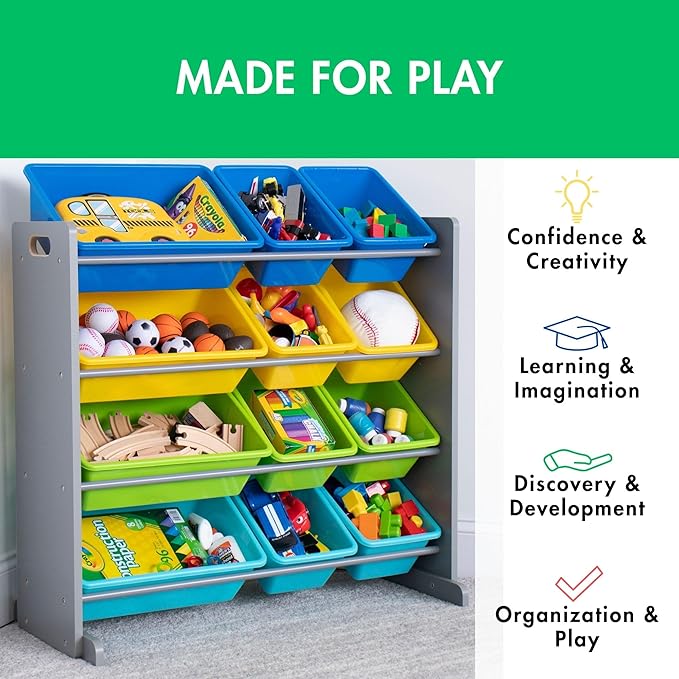 Humble Crew Kids Toy Storage Organizer with 12 Plastic Bins, Grey/Blue/Green/Yellow – Removable Bins for Playroom, Bedroom, Toddler Furniture for Boys and Girls Ages