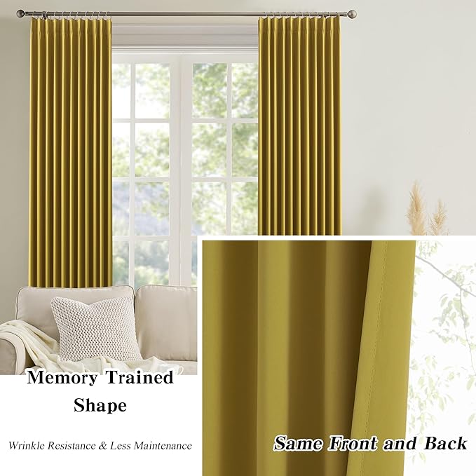 KEQIAOSUOCAI Yellow Pinch Pleated Curtains 90 Inch Length 2 Panels Set Noise Cancelling Window Drapes for Nursery Bedroom Living Room 40x90