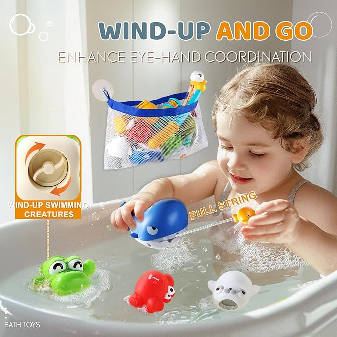 Bath Toys for Kids, Magnetic Fishing Toys with Storage Bag and Light up Star, Wind Up Creatures Baby Bathtub Birthday Gifts for Toddlers 2-4 Boys Girls, 11 Pcs Set