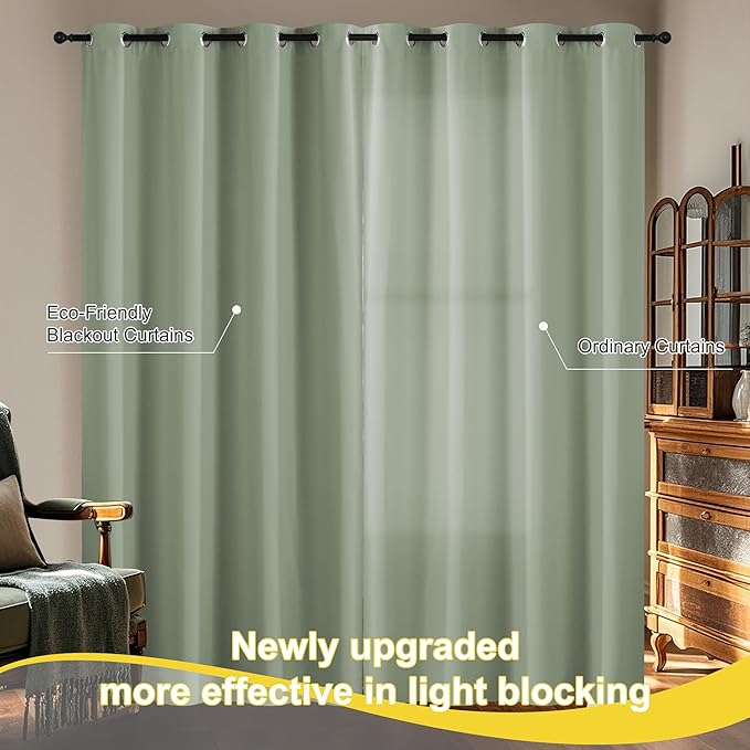 NICETOWN Sage Green Bedroom Curtains 63 Inches Length, 100% Blackout Drapes Thermal Insulated with Grommet for Living Room Office Privacy Darkening Curtain, 2 Panels, 42 x 63 Inch