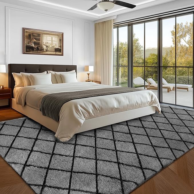 Fluffy Rug for Bedroom, 8X10Feet Stripe Checkered Rug Anti-Skid High Pile for Living Room Bedroom Kids Room Nursery, Dorm Home Decor