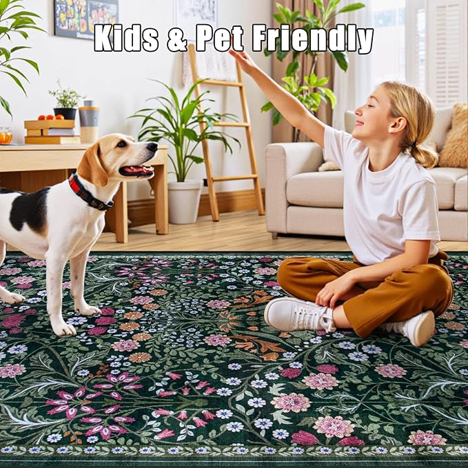 Area Rug Living Room Rugs: Floral 4x6 Washable Rug Vintage Soft Boho Non-Slip Carpet Indoor Floor Stain Resistant Large Carpets for Bedroom Dining Room Farmhouse Nursery Hallway Home Office Dark Green
