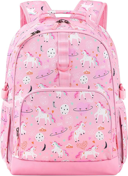 Choco Mocha Unicorn Backpack for Girls, Elementary School Backpack for Girls Ages 6-8 Kids Kindergarten Backpack Bookbag 17 Inch with Chest Strap, Pink