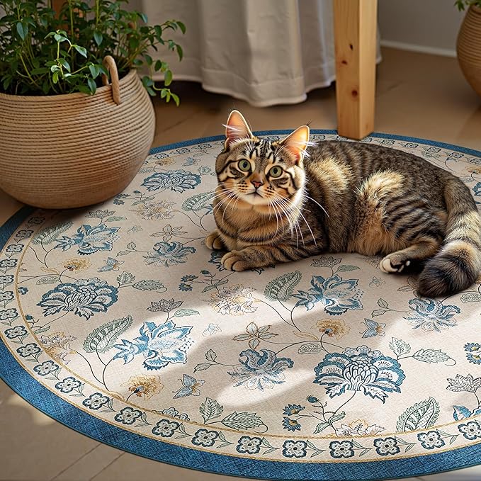 jinchan 5ft Floral Round Rug for Entryway Washable Kitchen Rug Vintage Romance Design Non Slip Indoor Doormat Lightweight Low-Profile Throw Carpet for Living Room Dining Room Bedroom, Blue/Beige