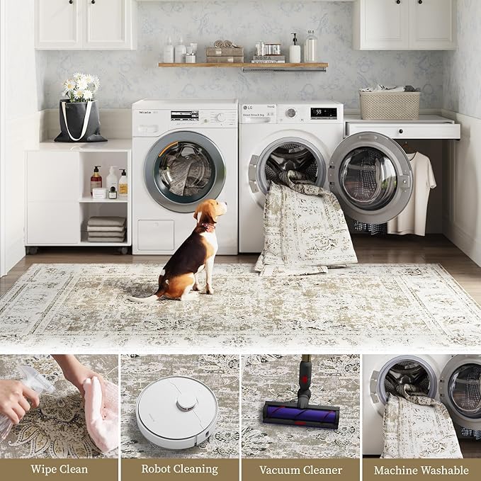 jinchan Runner Rug 3x10-2pcs Kitchen Washable Vintage Hallway Rug Floral Print Floor Cover Indoor Thin Retro Mat Accent for Bathroom Laundry Room Bedroom Office Farmhouse (Double,Taupe)