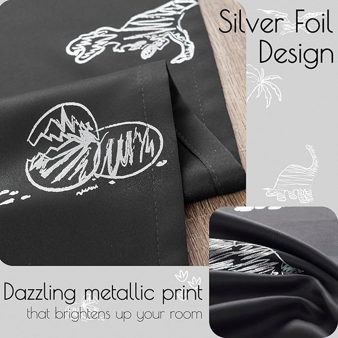 Vangao Kids Curtains Black Blackout Dinosaur Curtains for Boys Kids Nursery Girls Room Silver Dino Foil Print Thermal Insulated Drapes Grommet Top Window Treatments 63 Inches Length 2 Panels