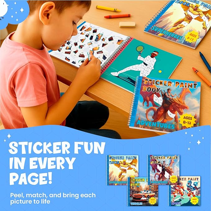 BulbaCraft 4Pcs Sticker Paint Books for Boys - Sticker Books by Number with Superheroes, Sports, Vehicles and Adventures - Coloring Activity for Kids