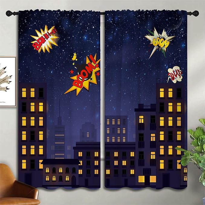 Super Hero Rod Pocket Blackout Curtains for Boy Girl Bedroom, Exploding City Starry Cartoon Skyline Home Energy Efficient Light Filtering Window Curtain for Living Room, 63x63 inch