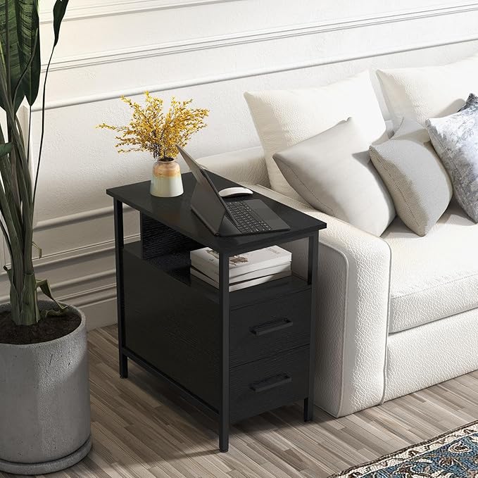 Black Side Tables, End Table with Charging Station, Narrow End Table with 2 Wooden Drawers, USB Ports and Power Outlets, Slim Nightstand and Bedside Table, End Tables Living Room, Bedroom