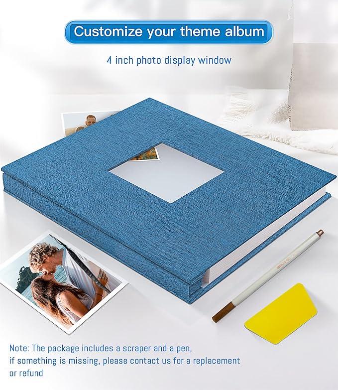 popotop Photo Album Self Adhesive with Picture Display Window,40 Pages DIY Scrapbooking Supplies Kit for 4x6 8x10 Picture,Linen Cover Memory Book for Baby Wedding, with Scraper and Metallic Pen