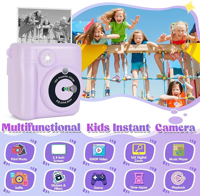Instant Print Camera for Kids - 2.4 Inch Kids Camera Instant Print with Paper & 32G Card- Digital Children Toys as Christams Birthday Gifts for Girls Boys Age 3-12 - Purple