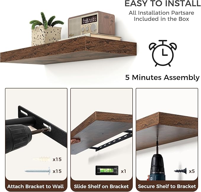 Floating Shelves - 2 Large Wall Mounted Shelves with Invisible Brackets, Long Wood Floating Wall Shelf for Living Room, Bedroom, Kitchen, (Brown, 24" W x 9" D x 1.5" H)