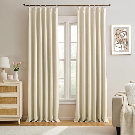 KEQIAOSUOCAI Cream Black Out Pleated Curtains 102 Inch Long,Elegant Luxury Soft Polyester Window Drapes for Living Room Office Hook Pleated Curtains 40" Wide by 102 inches Long