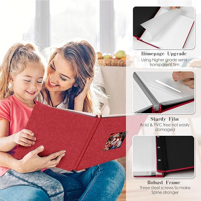 Spbapr Large Photo Album Self Adhesive 3x5 4x6 5x7 8x10 Pictures Magnetic Scrapbook 40 Blank Pages Linen Cover DIY Album with A Metal Pen Red